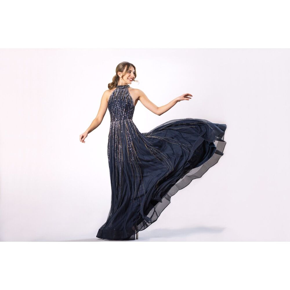 ASHLEYlauren Size 2 Navy Beaded Halter Neck Formal Gown Prom Pageant Dress